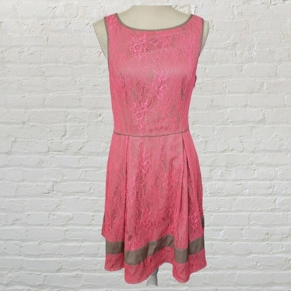 Jessica Simpson Tank Dress Fit Flare Pockets Salmon Pink Lace over Taupe 10 EUC - Picture 2 of 13